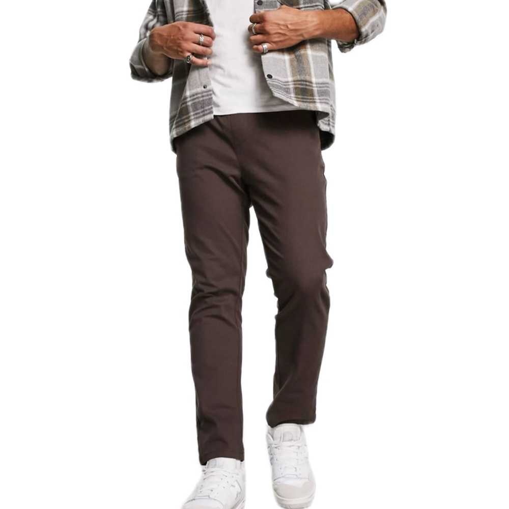 ASOS Design Slim Chinos With Elastic Waist Dark Brown Small
